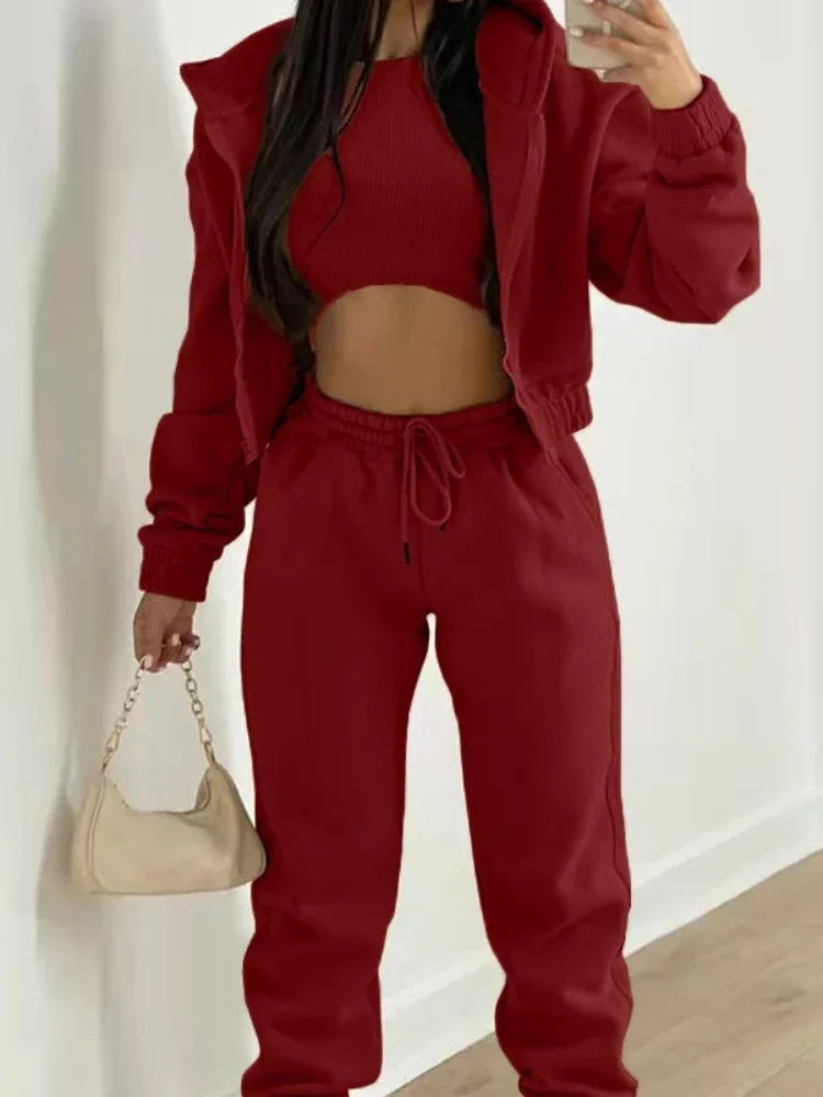 Women's 3-Piece Set Long Sleeve Hooded Sport Coat Casual Loose Lace-Up Pants Autumn Winter Fashion Outfit Versatile Clothing