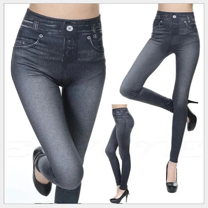 Seamless High Waist Cotton Imitation Denim Women Leggings Hollow Out And Sexy Design Slim Soft Women Pants Elastic Pocket Jeans