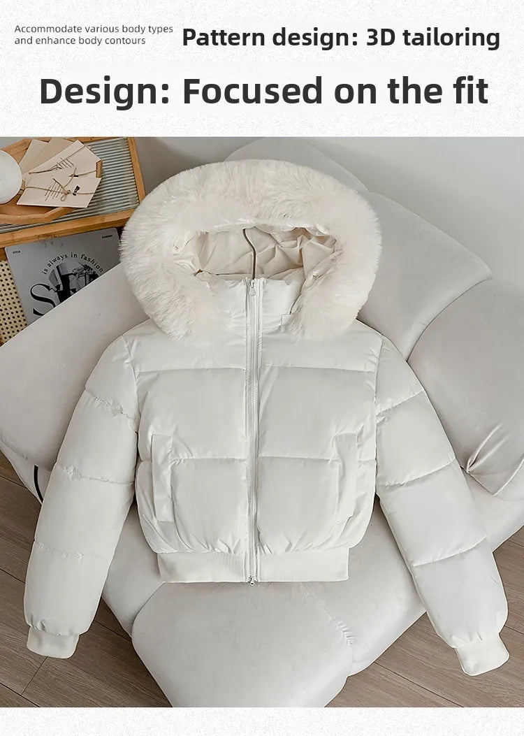 Women's Short Thickened Winter Cotton Jacket Quilted Coat Fur Collar American Retro Style Warm Casual Fashion Regular Fit