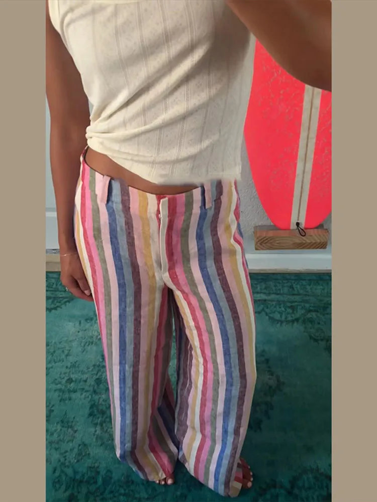 Women's Pants Bohemian Colorful Striped Panelled Wide Leg Trousers Fashion Lady High Waist Multi-color Slim Partywear Streetwear