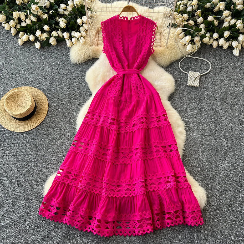 Sexy Hollow Out Embroidery O Neck Sleeveless Bandage Long Dresses Chic Evening Party Summer Vestidos Women Hip Wrap Clothing