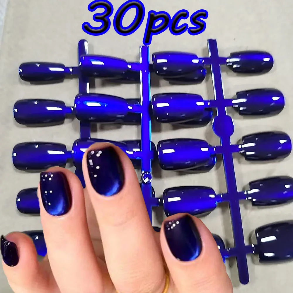30pcs Deep Blue Cat Eye Gel Fake Nails XS/S/M Full Cover Square Short Shape Design False Nails Autumn Winter Blue Press On Nails