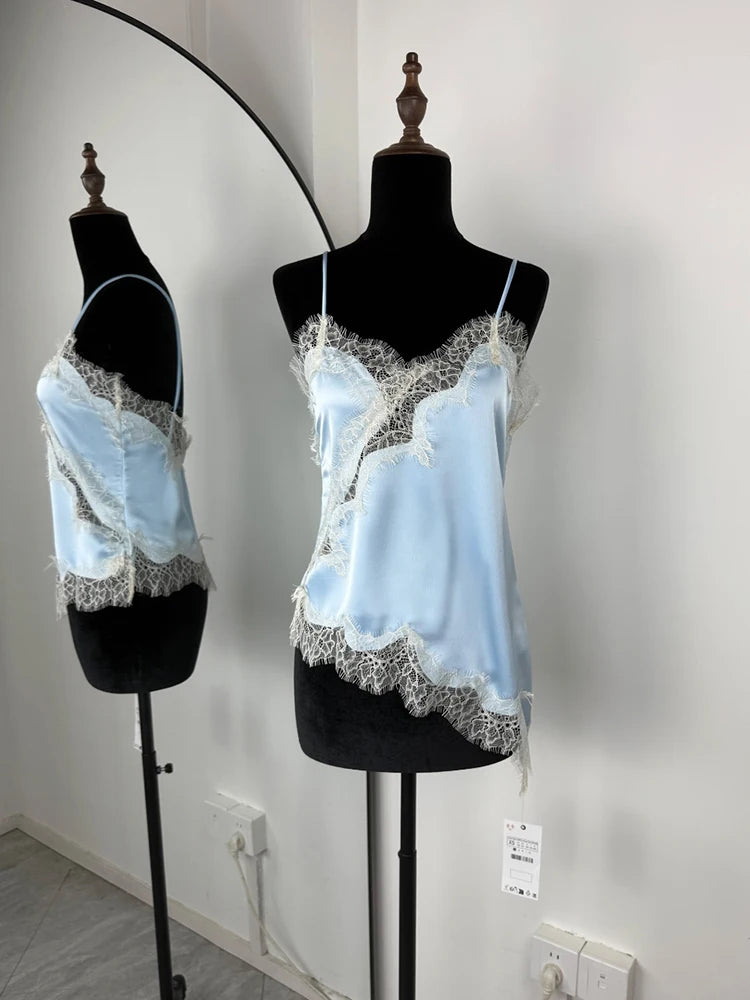 Tuularose Women's Lace Spaghetti Strap Dress Sexy Sleeveless Lace Patchwork Asymmetrical Dress Summer Party Looks Elegant Dress