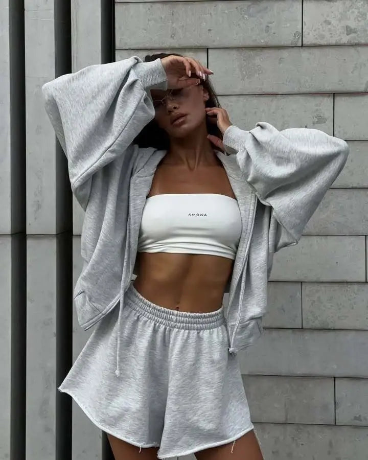 Women's Outfit Long-Sleeve Hooded Drawstring Sweatshirt Shorts Set Two-Piece Sets Sports Suit Sportswear Streetwear Trendy