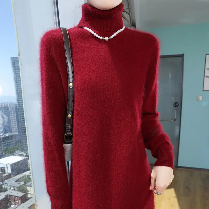 New Hot Selling 100% Mink Cashmere Knitted Women's High Neck Pullover Dress Sweater Slim Fit Solid Color Long Women's Dress