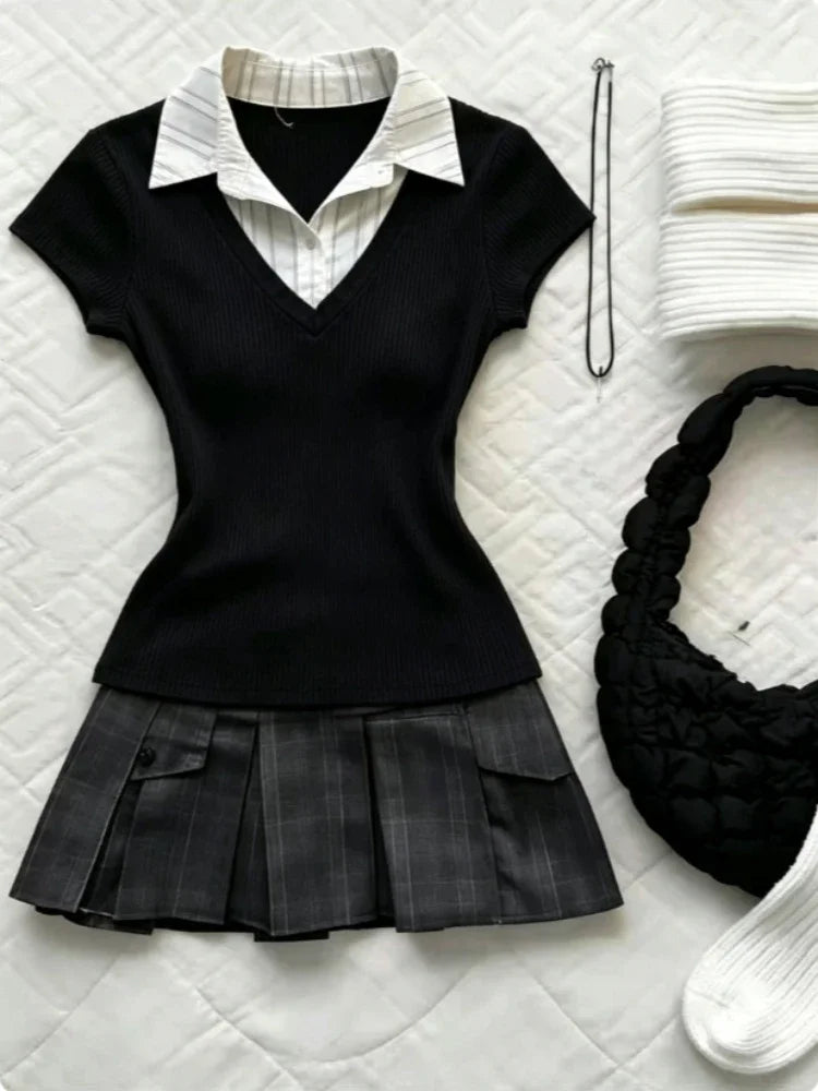 Women Retro Sweet Two‑Piece Outfit Plaid Short Sleeve Top High Waist Pleated Skirt Y2K Harajuku Style Hot Girl Summer Daily Suit
