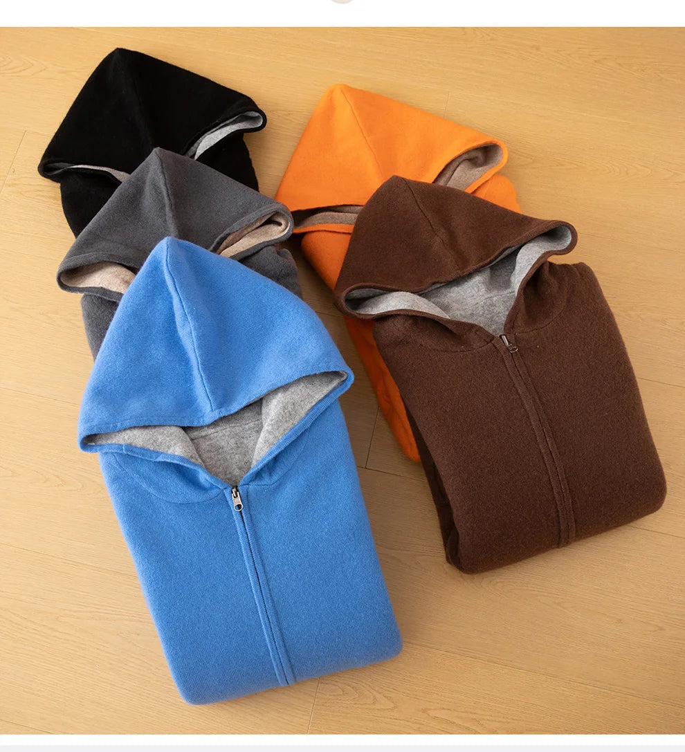 Double-Sided Cashmere Hooded Cardigan For Men Autumn And Winter Wearing Sweater Thickened Pure Wool Knitted Loose Zipper Coat