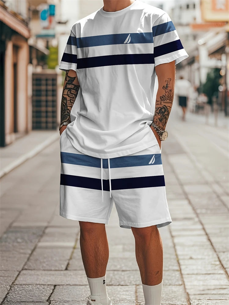 2025 Summer New Two-piece Men's Casual Striped Pattern Printed Short-sleeved T-shirt And Sports Shorts Suit Fitness Sports Suit