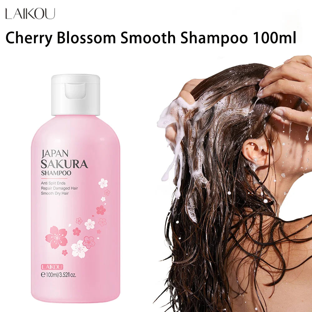 LAIKOU Japan Sakura Shampoo 100ml Travel Size Repair Split Ends Smooth Dry Damaged Hair Cherry Blossom Fragrance Hair Wash