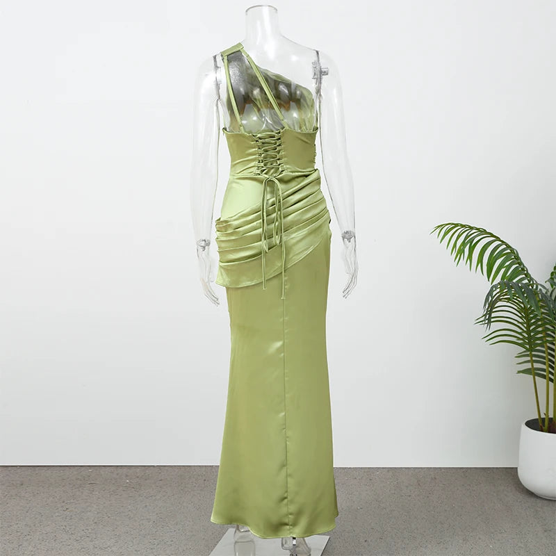 Women Satin One Shoulder Cutout Maxi Dress Elegant Green Ruched Mermaid Slim Fit Flowy Vestido 2026 Lady Summer Evening Dresses