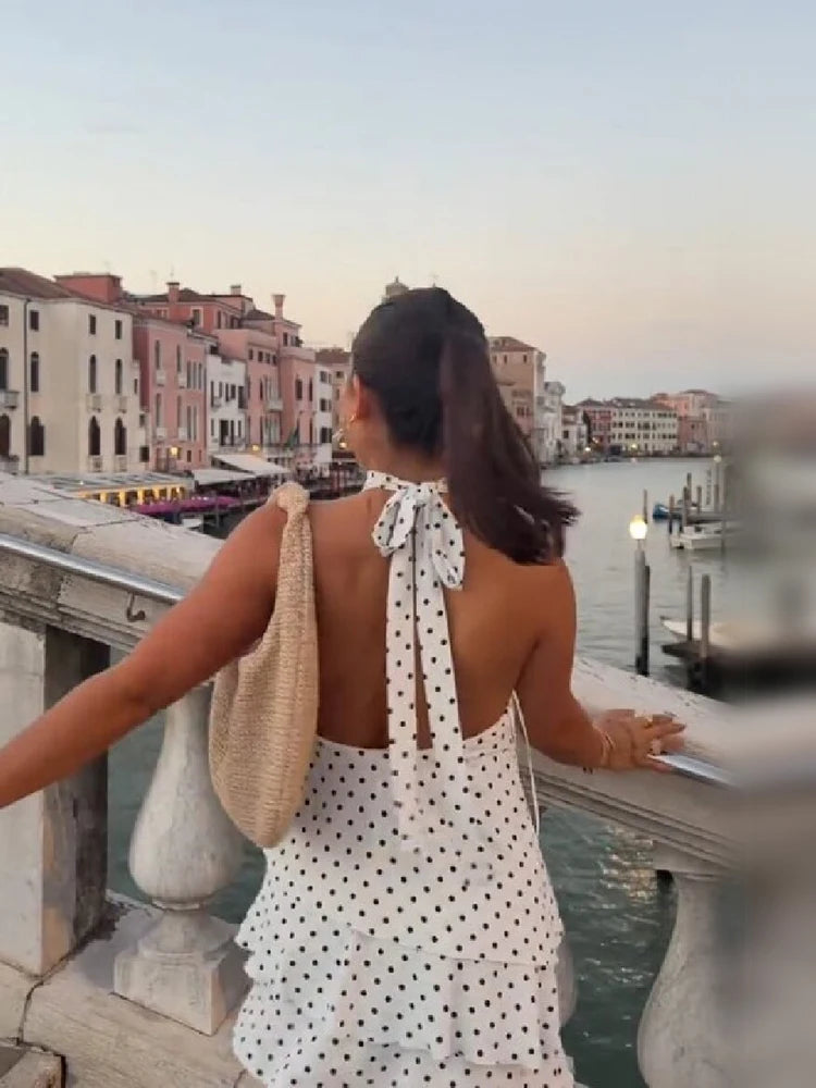 Sweet Chic Polka Dot Mini Dress Vintage Halter Neck Ruffle Tiered Layered Women Dresses Summer Vacation Party Stylish Streetwear