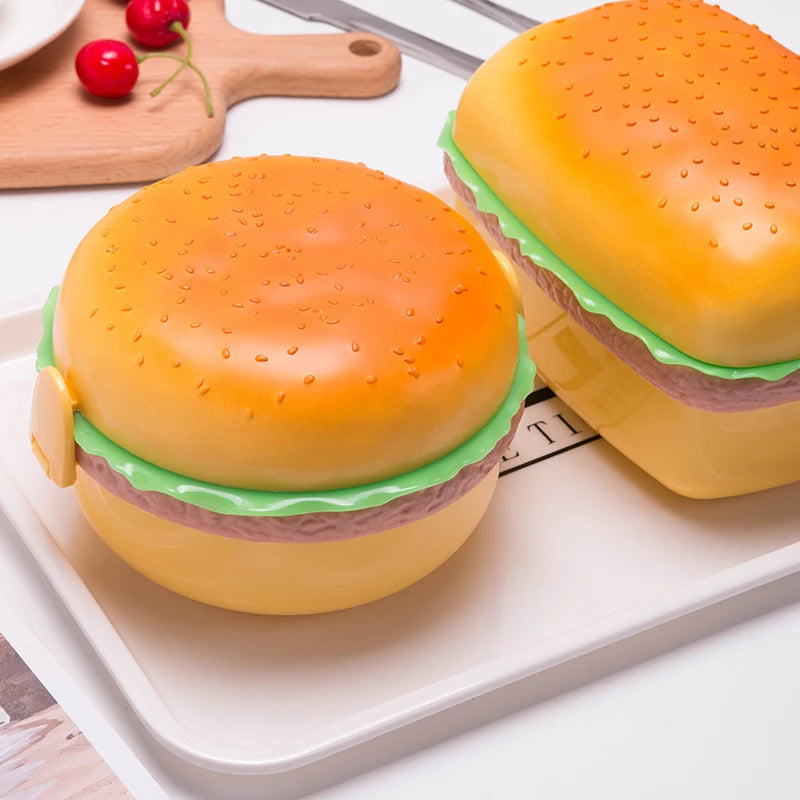 Hamburger Lunch Box Double Tier Cute Burger Bento Lunchbox Microwave Food Container Fork Tableware Set Owl Compartment