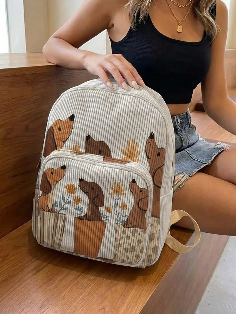 Dachshund Dog Print Allover Women Fashion Backpack Corduroy Multi-pocket Large Capacity Commuter Bag