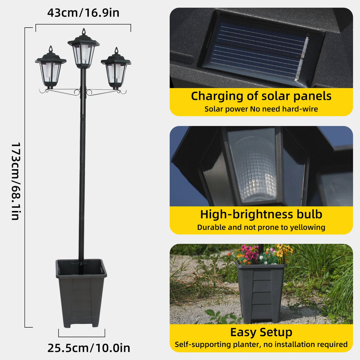 3-Head Solar Lamp Post Light with Planter Box Outdoor, 68" Vintage Street Light Dusk to Dawn, Waterproof LED Landscape Lighting for Garden Patio Pathway