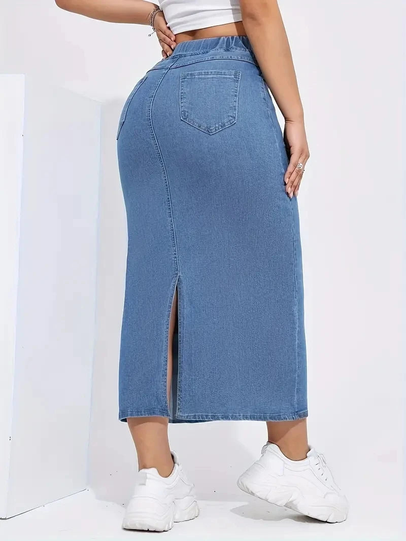 Women's long denim skirt with elastic waist, drawstring, logo patch, slit at the side, A-shaped hip-hugging skirt