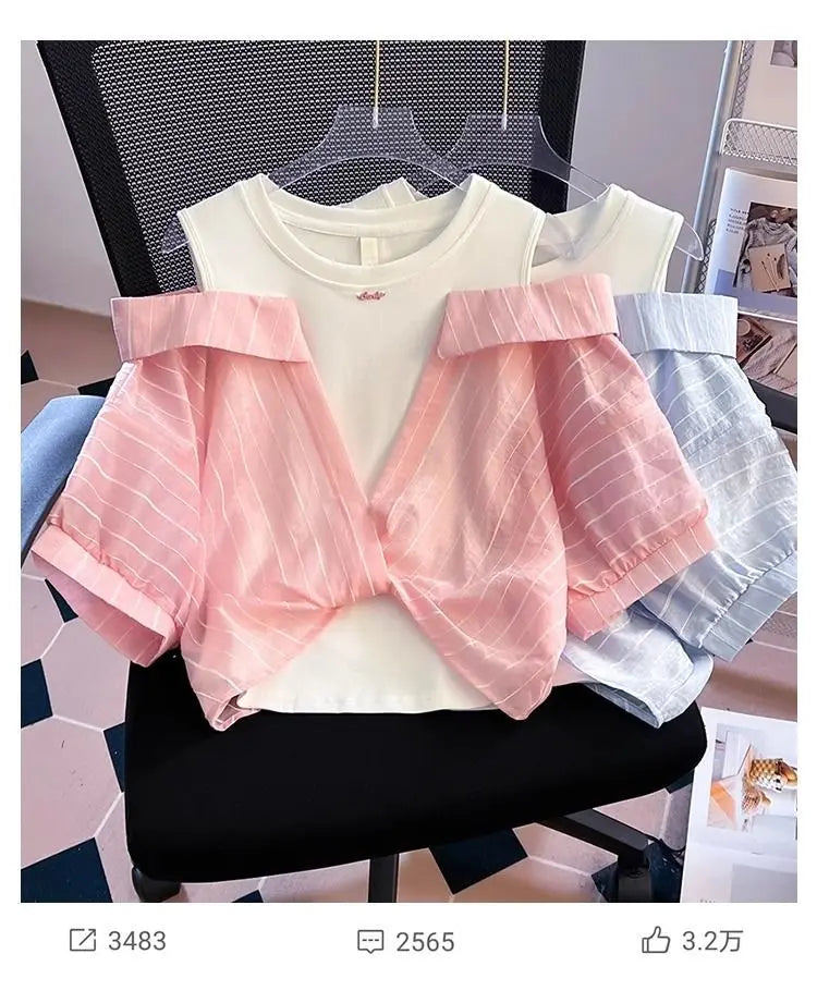 Girls' Western Style Loose Fitting Shirt 2026 New Children's Off Shoulder Top T-Shirt Fake Two-Piece Top