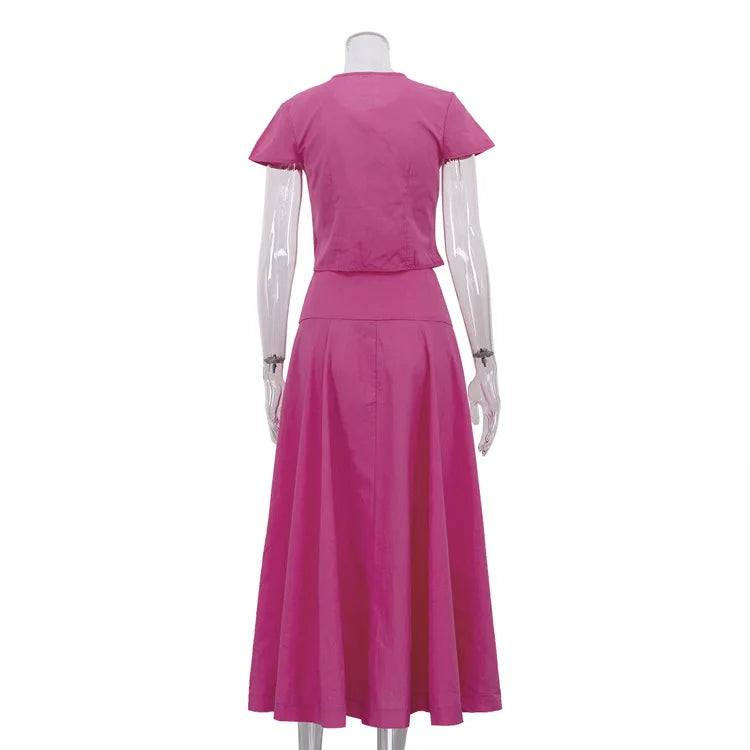 Two Pieces Women Dress Sets Solid Matching Sets Button Short Sleeves Top Empire Waist Ankle Length Skirt Loose Fit 2026 Summer