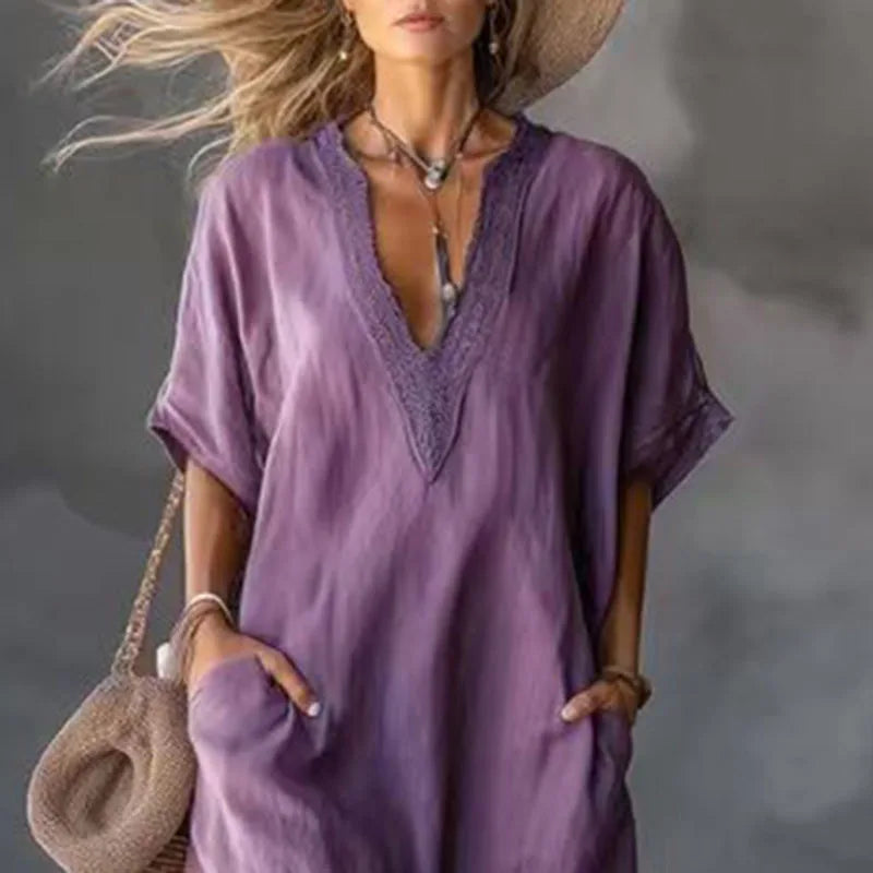 Boho Sexy V Neck Lace Trim Kaftan Dress Woman Spring Vintage Solid Pocket Tunic Party Dress Summer Short Sleeve Loose Maxi Dress