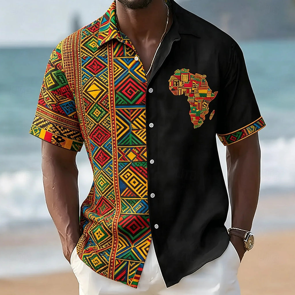 Men's African Map Mosaic Print Short Sleeve Shirt Ethnic Geometric Pattern Casual Button Down Top for Spring & Summer