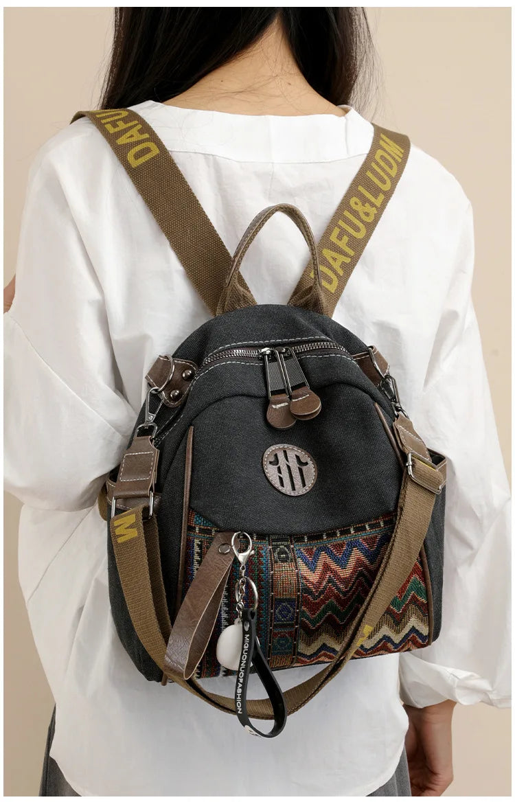 Denim ethnic style embroidered women's double shoulder bag, color-matched large capacity backpack, multi-purpose crossbody bag