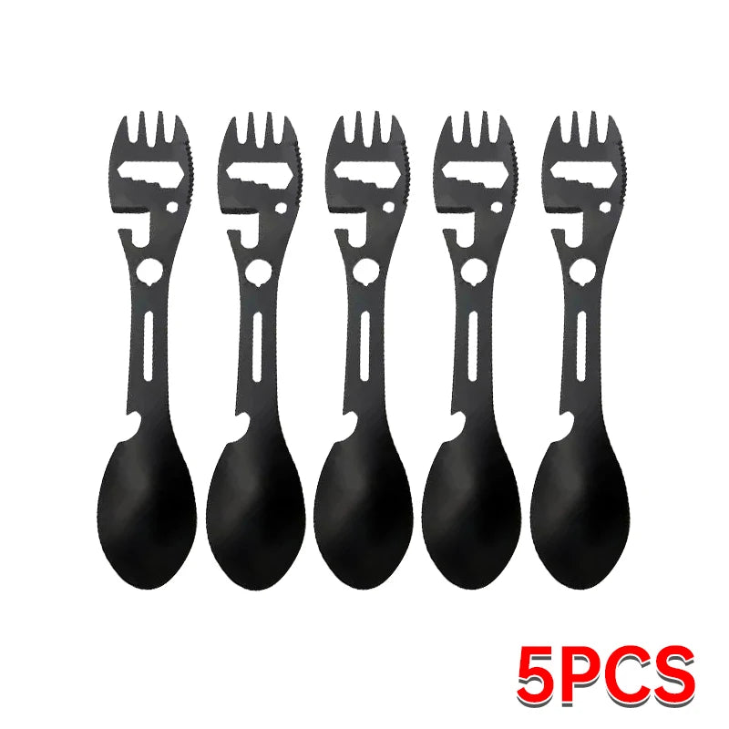 Camping Utensils Set Stainless Steel Outdoor Survival Gear 5 in 1 Tableware Travel Hiking Cutlery Fork Spoon Opener