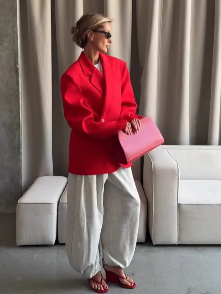 Women Red Fashion Blazer Jacket Lapel Collar Single Button Long Sleeve Loose Casual Coats Oversized Autumn Winter Streetwears