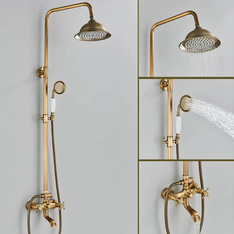 Antique Brass Shower Faucet Set Rainfall Head Shower with Handshower Wall Mount Dual Handle Mixer Bathroom Shower System