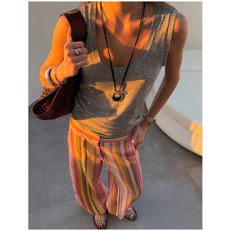 Women‘s Colorful Striped Pant New Summer Straight Multicolor Wide Leg Long Pants Casual Fashion Streetwear Female Outfit 2026