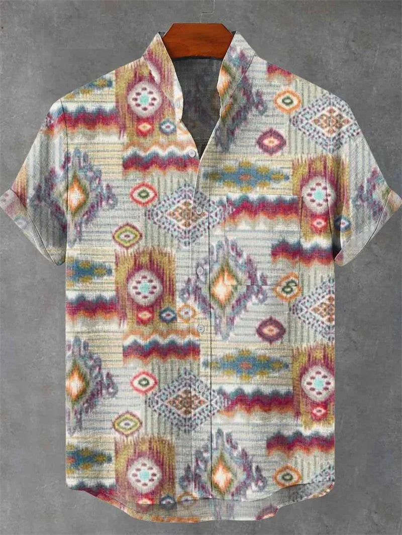 Men's Vintage Art Shirt Vintage Abstract Geometry World Tree Print Short Sleeve Linen Casual Shirt Men's Holiday
