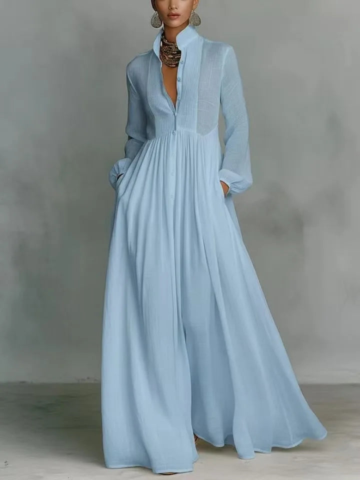 Elegant High Waist Swing Long Dress Woman Spring Solid Pockets Pleated Maxi Dress Spring Autumn Long Sleeve Button Evening Dress