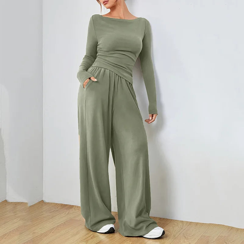 Trendy Slim Solid Color Trousers Suit For Women Simple Slim Irregular T-shirt Wide-leg Trousers Two-piece Casual Spring Suit