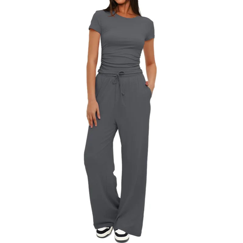 Women's Summer Solid Loose Casual Tracksuit Two Piece Set O Neck Short Sleeve T Shirt Wide Leg Pants Sportswear