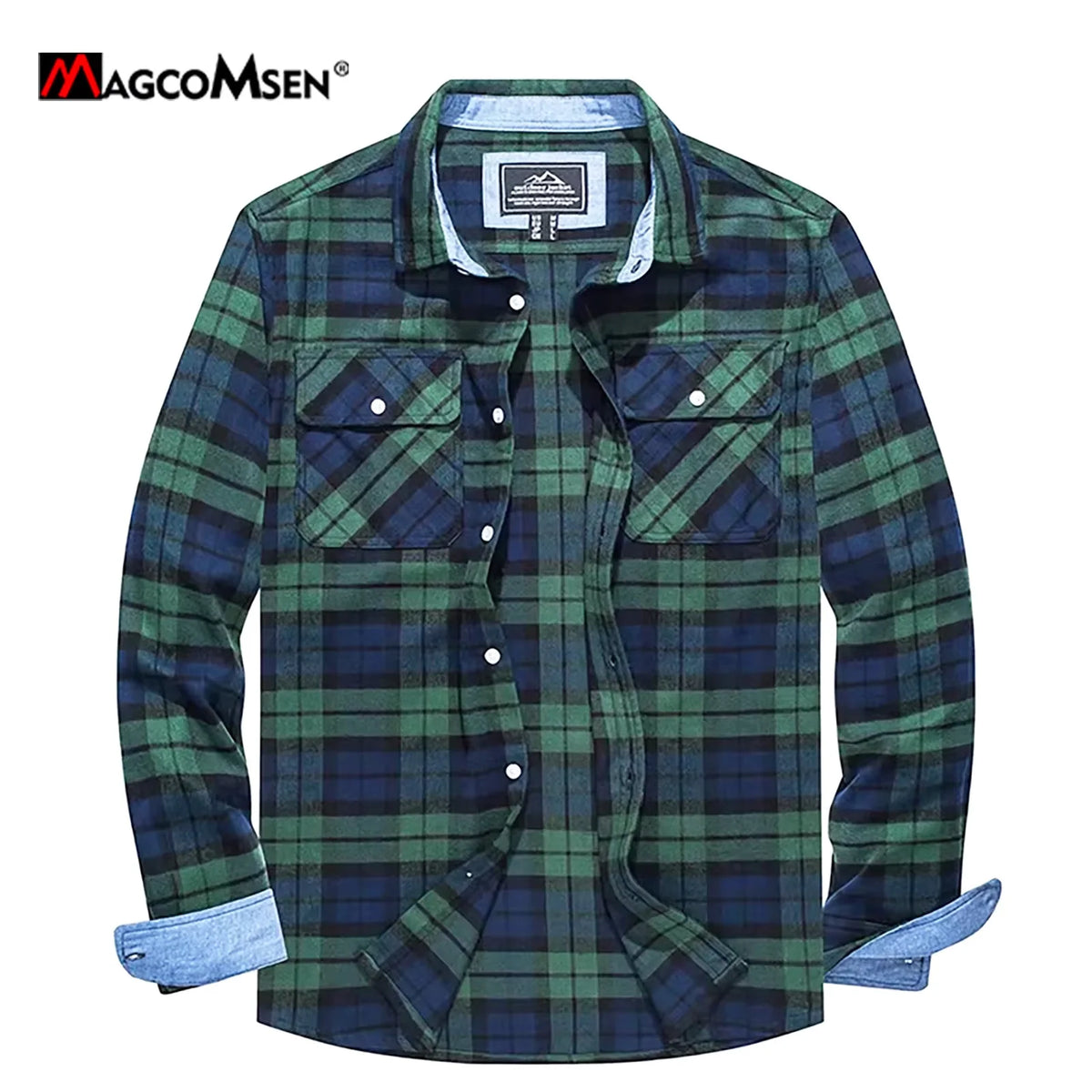 MAGCOMSEN Autumn Windproof Men's Flannel Shirt Warm Long Sleeve Casual Plaid Shirts with Two Chest Pockets