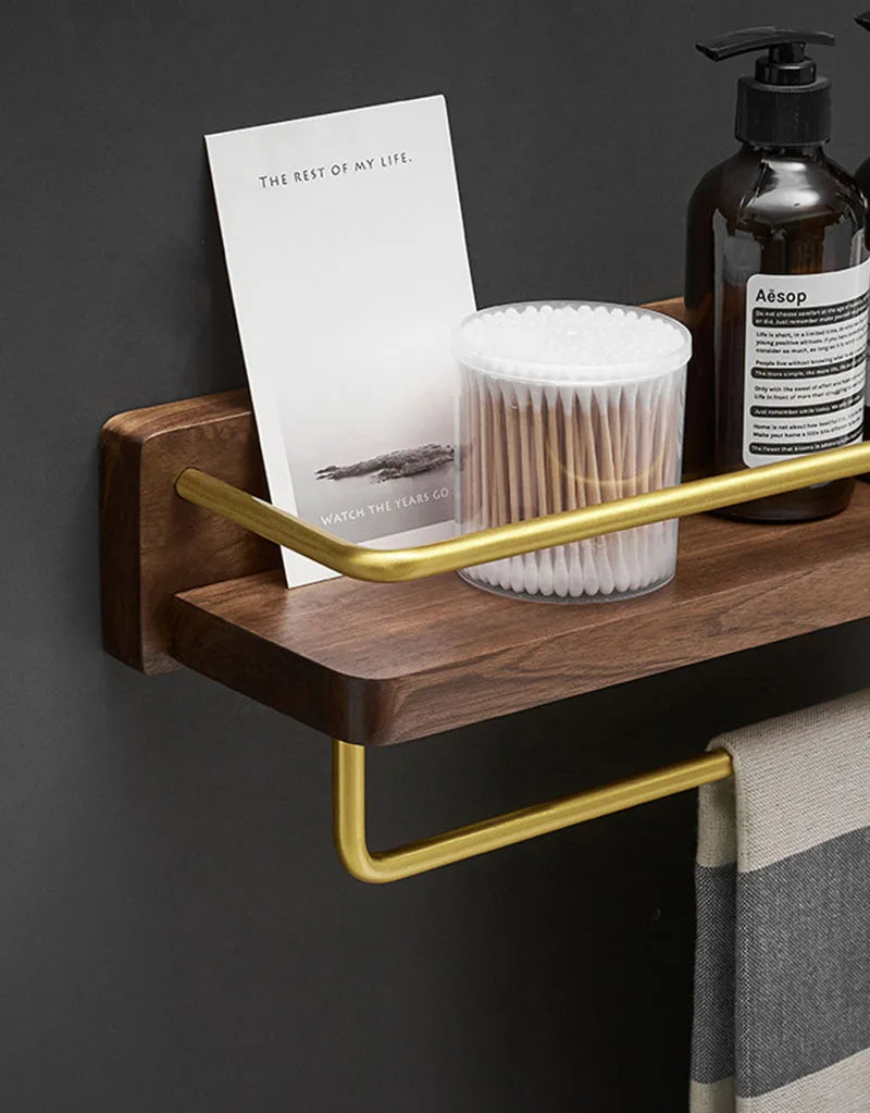 Brushed Gold Solid Wood Bathroom Shelf Wall Mounted Bathroom Storage Rack Towel Rack Bath Shower Shelf Bathroom Shelves