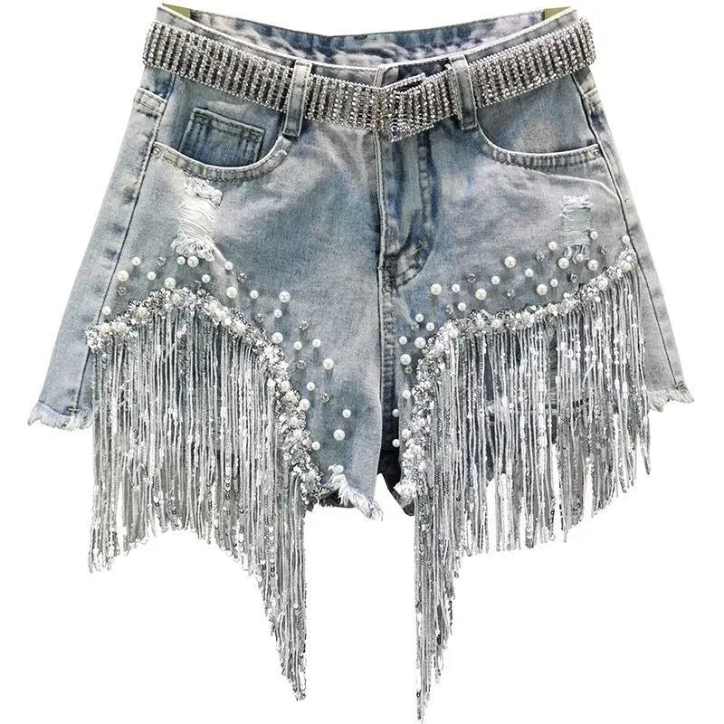 Embellished Beaded Sequin Fringe Shorts Women High Waisted Tassel Hem Clean Denim Short Shorts Summer