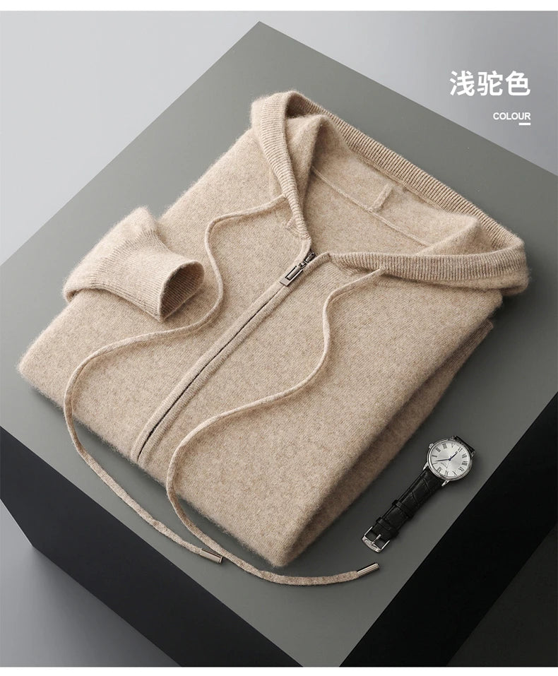 Hot Selling New Style Real Knitted Men's Cardigan Hooded Sweater Loose Full Sleeves Autumn and Winter Men's Pure Wool Sweater