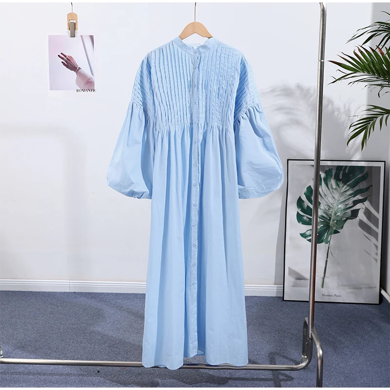 Solid Color Loose Fit Flare Sleeve Tiered Dress Crew Neck Ruffle Hem Pleated Long Maxi Dresses 2026 Spring Chic Casual Outwear