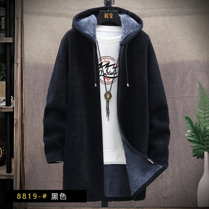 Men's Knitted Sweater Cardigan Thickened Fleece Hooded Casual Style Warm Outerwear Autumn Winter New Arrival Korean Version