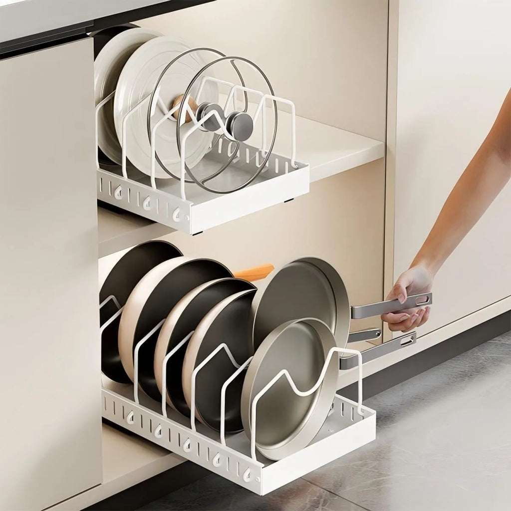 Kitchen Multifunctional Organizer - Pull-Out for Pots/Pans, Sliding Lid Holder, Spice Rack & Dish Drying Racks Drawer Organizer