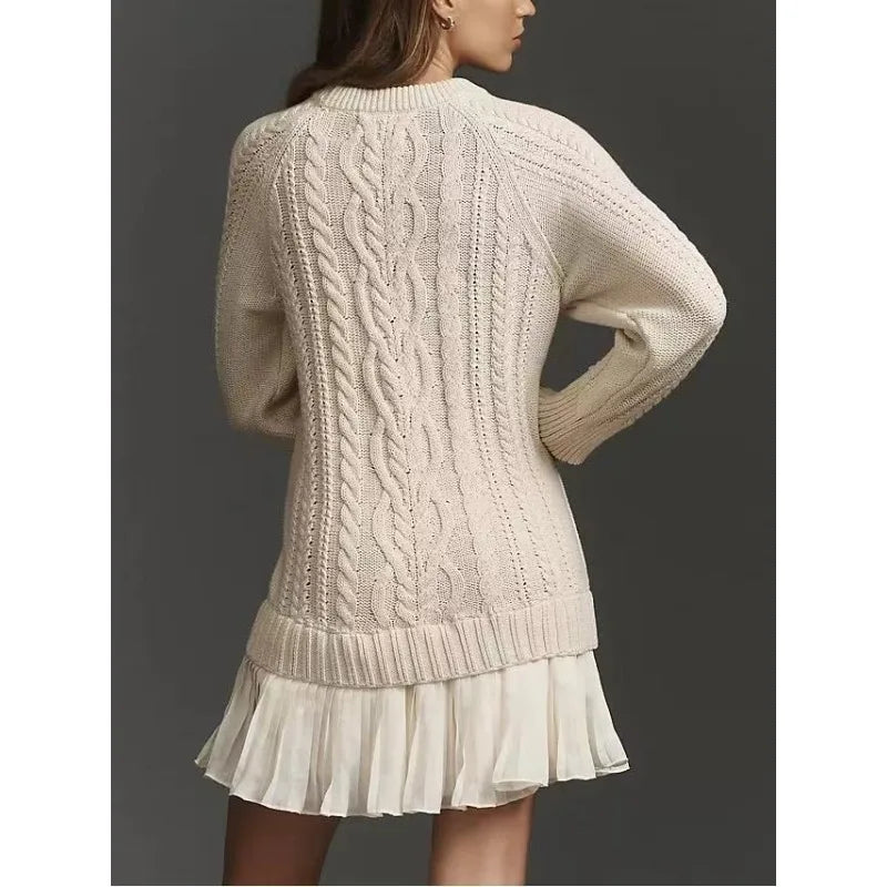 2025 Winter Long Sleeve Twist Knitted Sweater Dress Woman Ruffle Chiffon Pleated Dresses Fall Solid Warm A-Line Pullover Dress