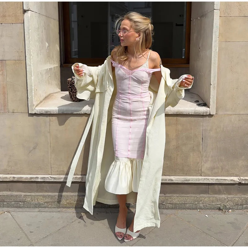 Elegant Sheer Mesh Overlay Women's Dress Set V-Neck Waist-Closed Sleeveless Slim Slip Maxi Dresses 2026 Summer Female Outfit