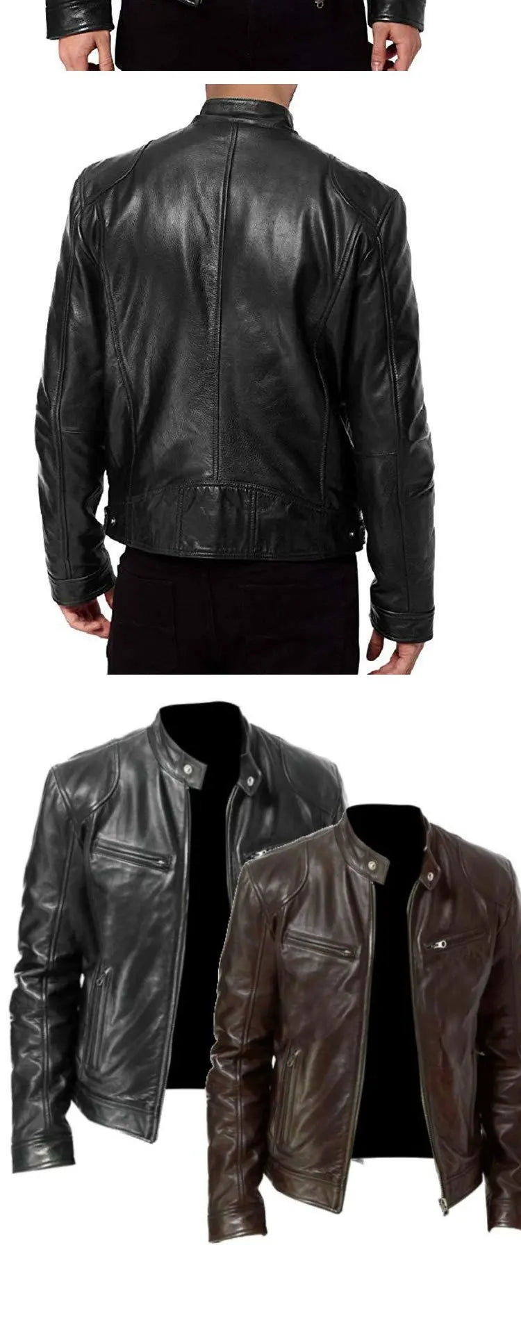 Winter Stand Collar Zip-Up Pocket PU Leather Jacket Men's Slim Business Casual