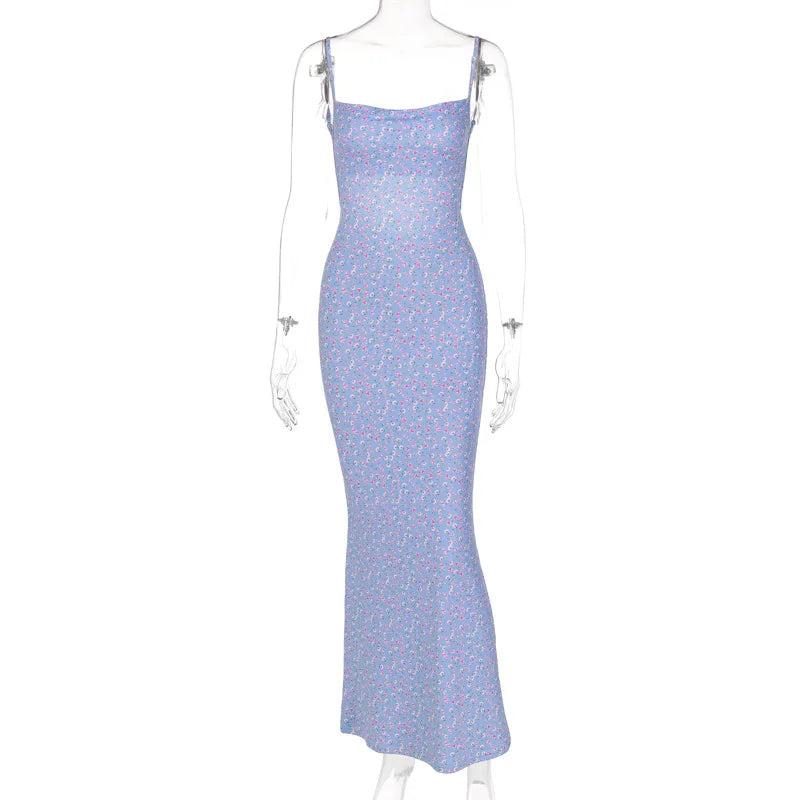 Women's Flower Print Sleeveless Backless Slim Maxi Dress Elegant Streetwear Party Clothing Spring 2025 Concise Sexy Slip Dress