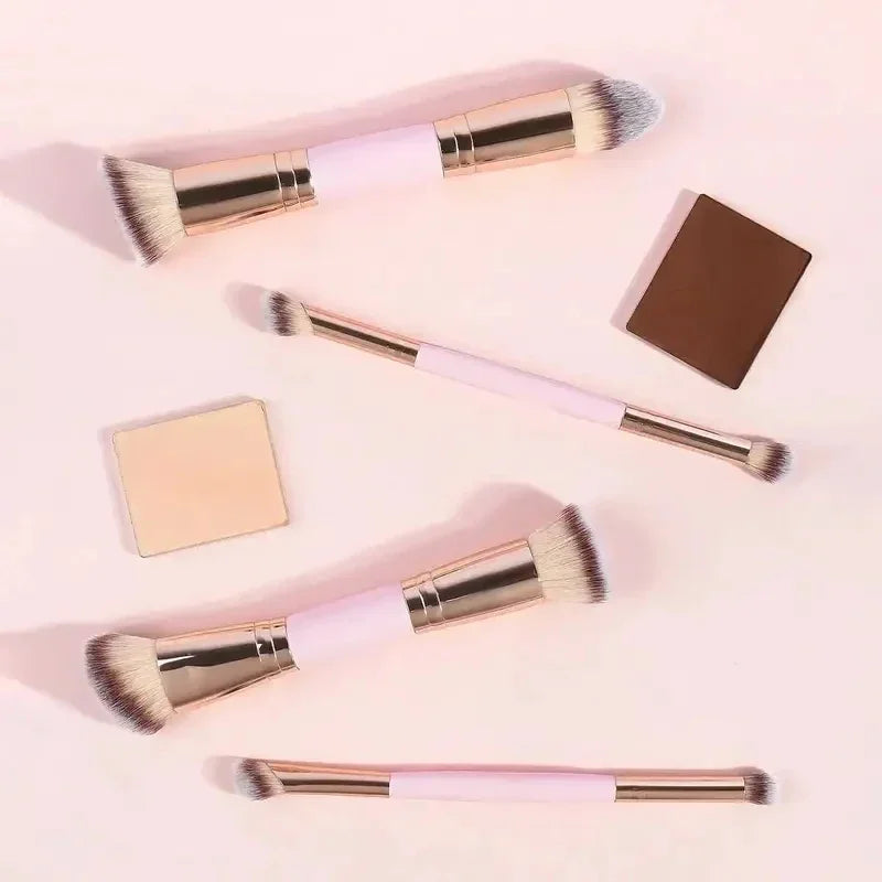 2PCS Dual-Ended Makeup Brush - Angled Contour & Flat Head Foundation Brush for Cream, Liquid Foundation, Seamless Blending
