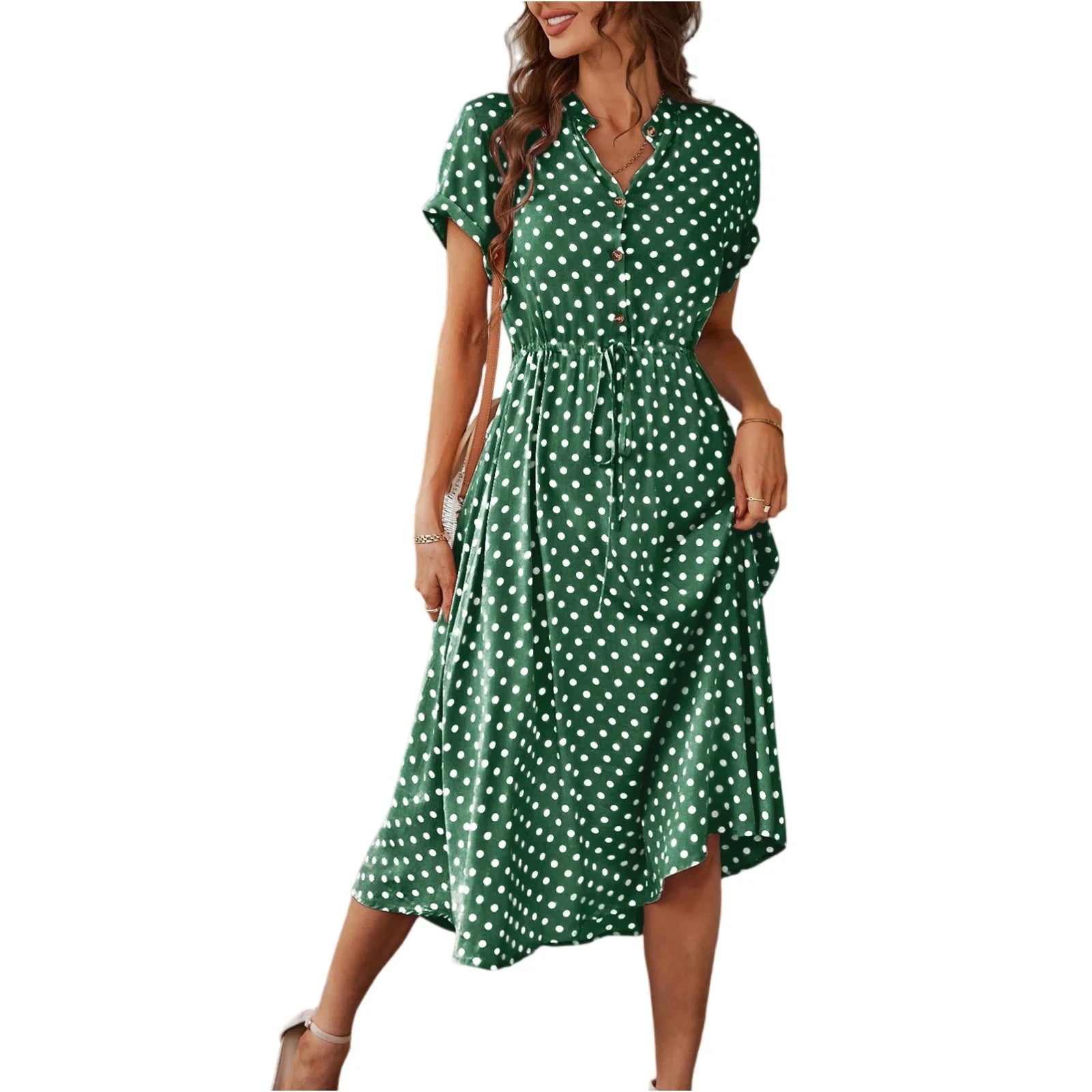 Elegant retro polka dot dress Women's Summer Midi Dress V Neck Single Breasted Short Sleeve Dresses Fashion Print Dress