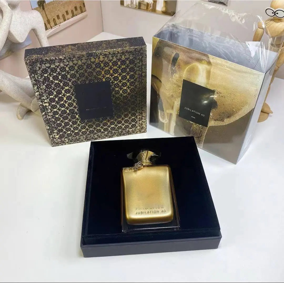 Jubilation 40 EDP. Iconic golden bottle carries sophisticated oriental aroma. Incredible longevity, rich layered scent. Luxury fragrance for elites, ideal for formal events and daily elegant styling.
