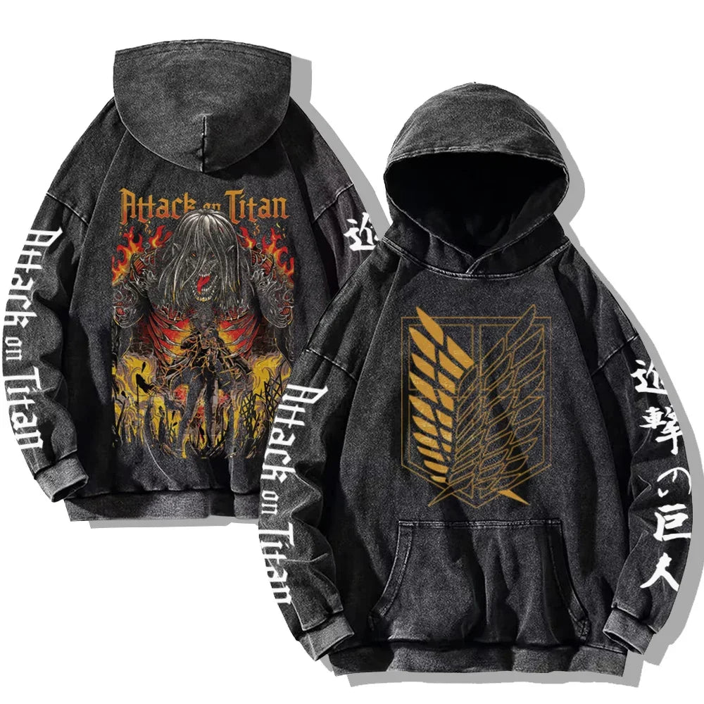 Vintage Washed Men's Hoodies Shield Print Hooded Sweatshirt Hip Hop Streetwear Y2K Hooded Pullover Y2K Loose Casual Tops
