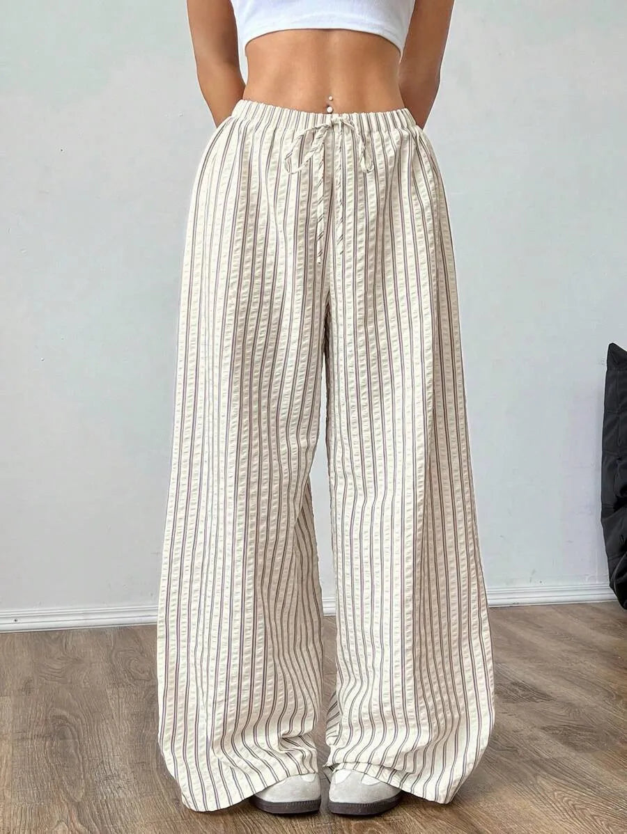 Women's Casual Striped Wide-Leg Pants   Summer Commute Fashion Drawstring Elastic Waist  Versatile Relaxed Straight Leg Trousers