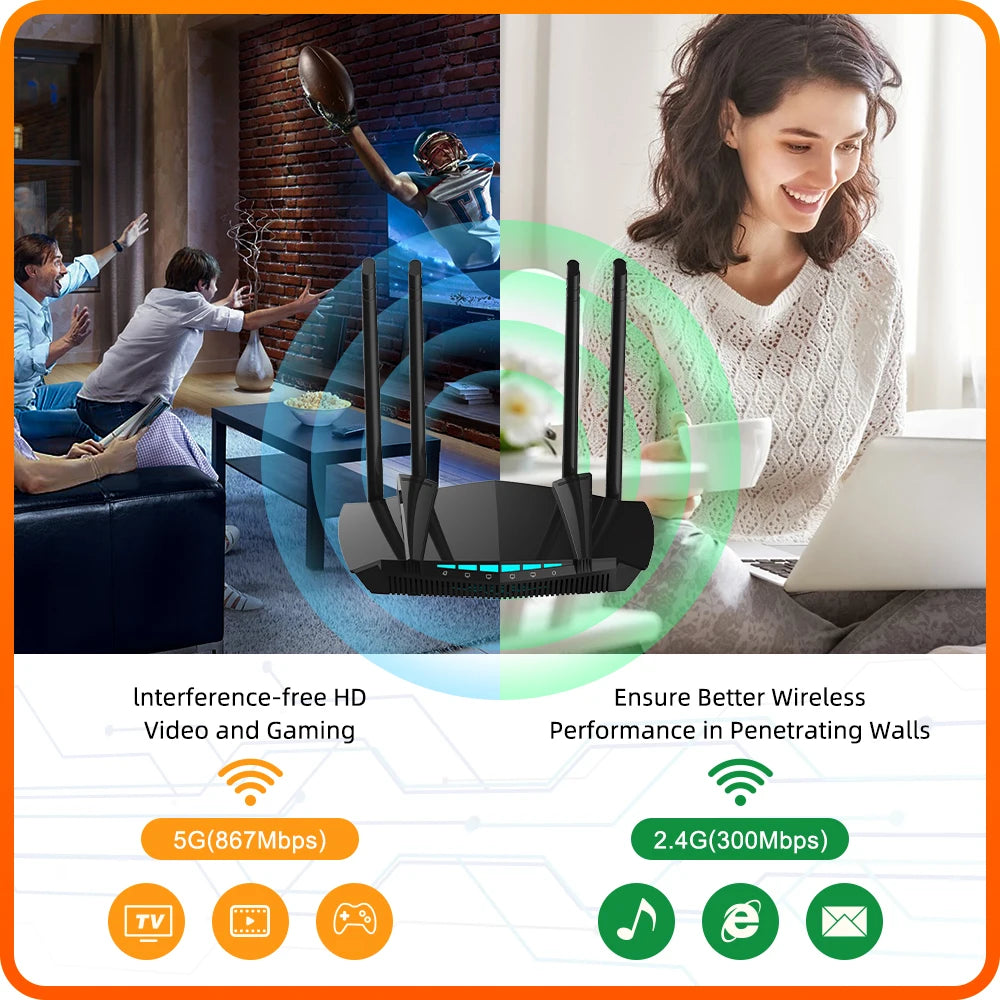 PIXLINK Wireless Router 1200Mbps Dual Band WiFi Repeater Signal Amplifier with 4 Gigabit Ports Smart Tech 5GSIM Penetration AC22