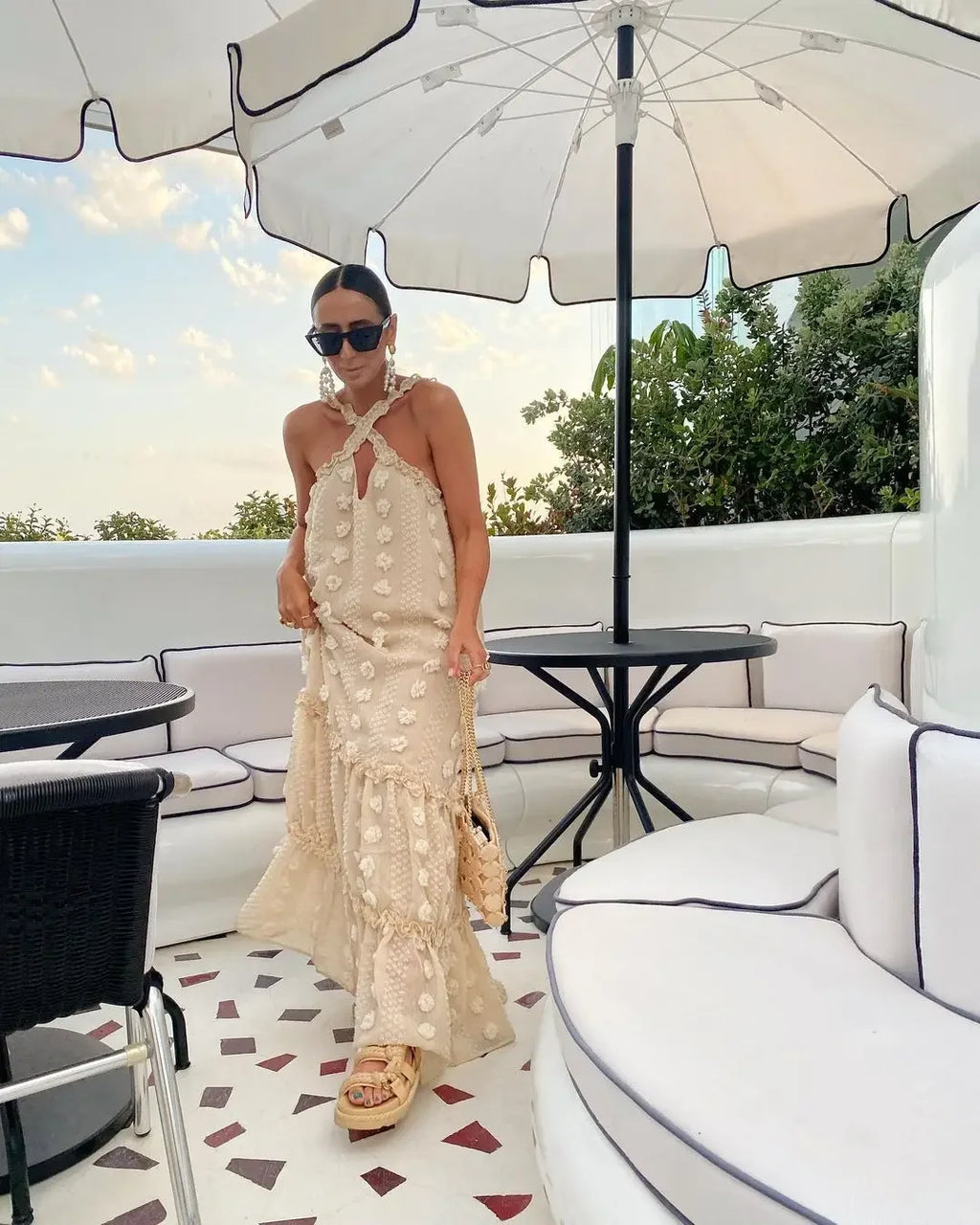 Sleeveless Halter Maxi Summer Dress for Women Fashion Ruffle Beach Long Robe 2025 Elegant Slip Holiday Hollow Out Sundress